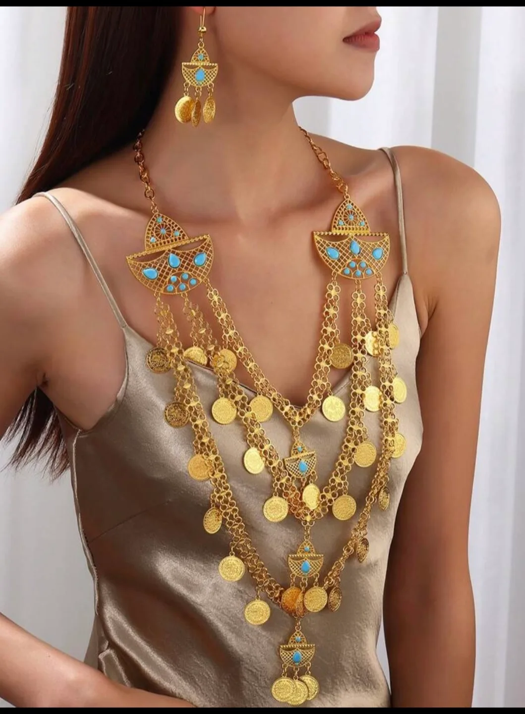 Long Gold Coin Necklace & Earring Set thumbnail