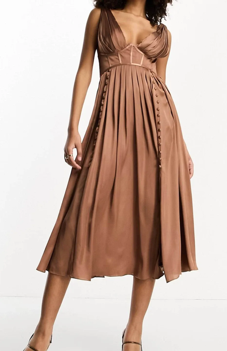 ASOS Design Brown Satin Corset Midi Dress thumbnail
