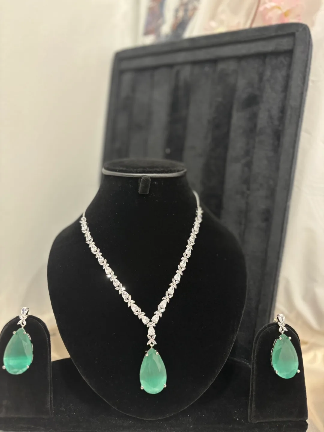 Silver Necklace & Earring Set - Green Stone image indicator(2)