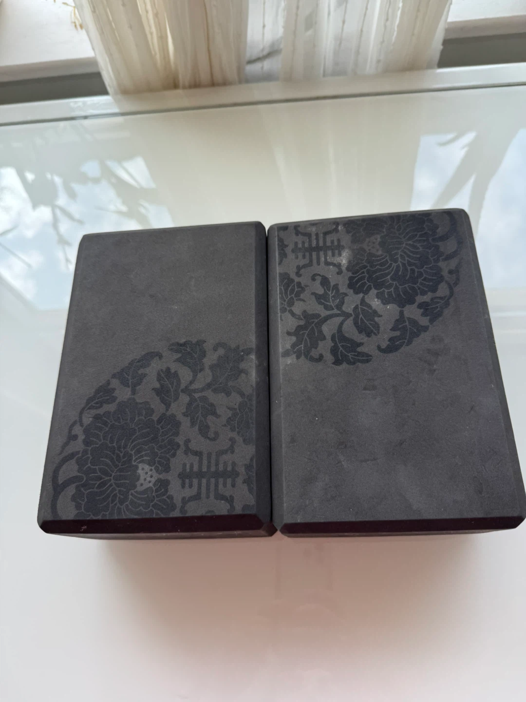 2x Black Yoga Blocks with Floral Design