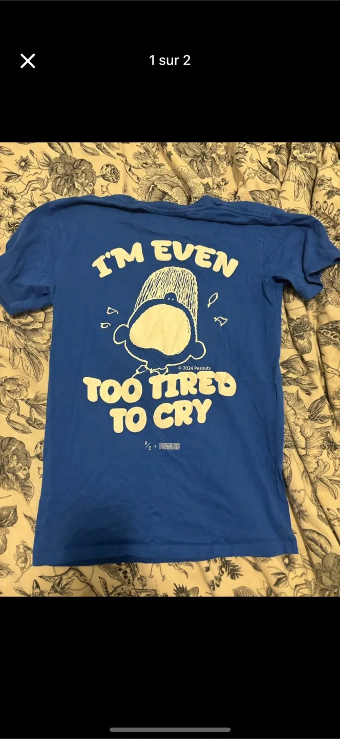 MOVING SALE: P/C Peanuts 'Too Tired To Cry' Blue T-Shirt XS image indicator(2)