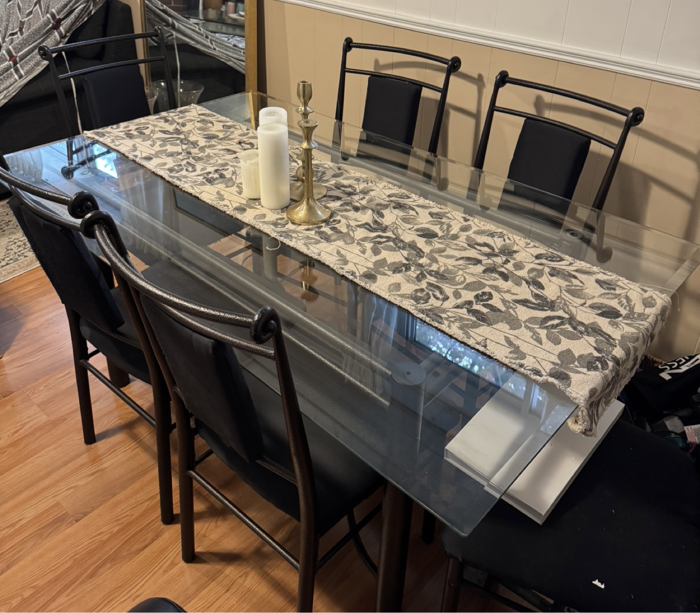 Glass Top Dining Table with 6 Black Chairs