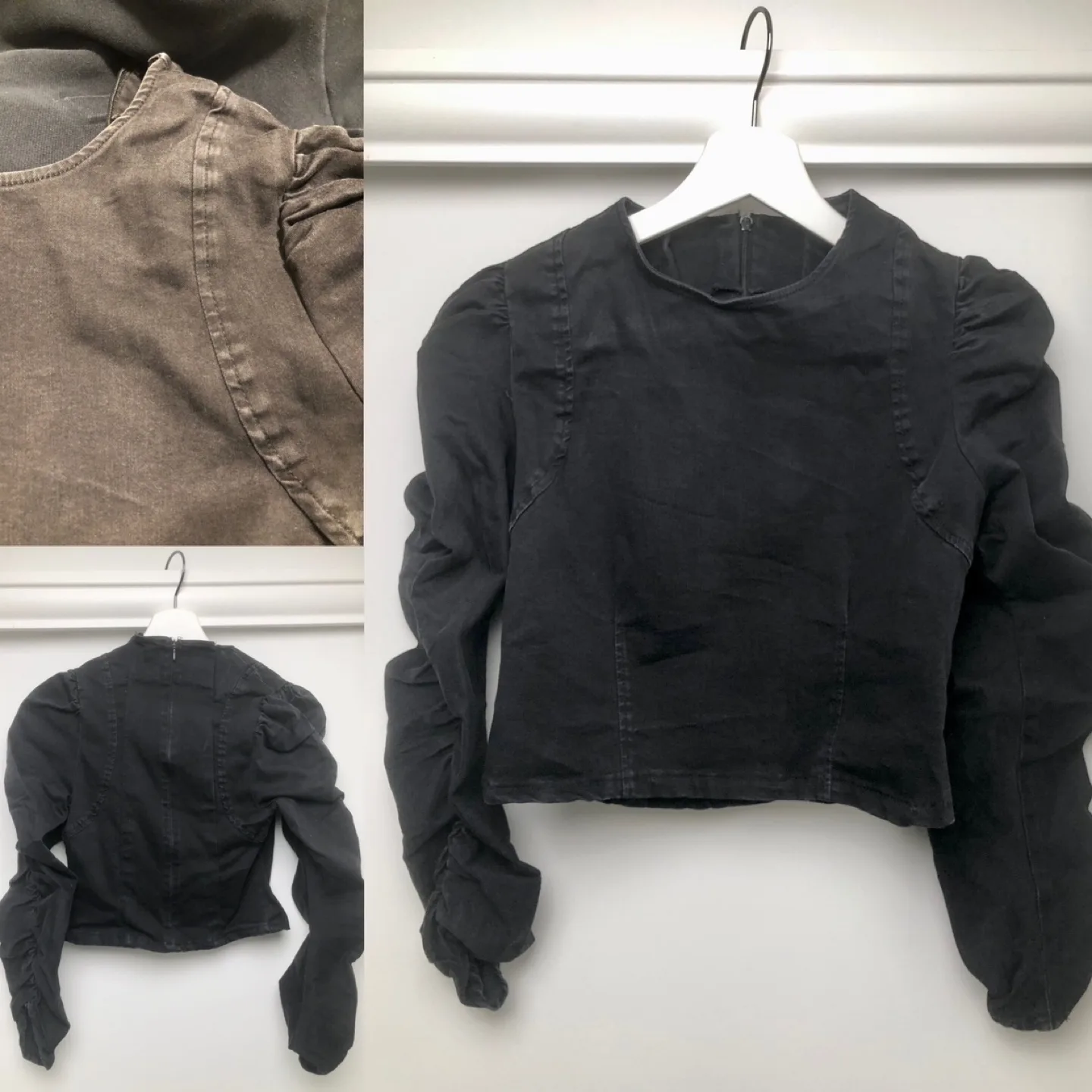 Zara Denim Long Sleeve Top with Puff Sleeves XXS thumbnail