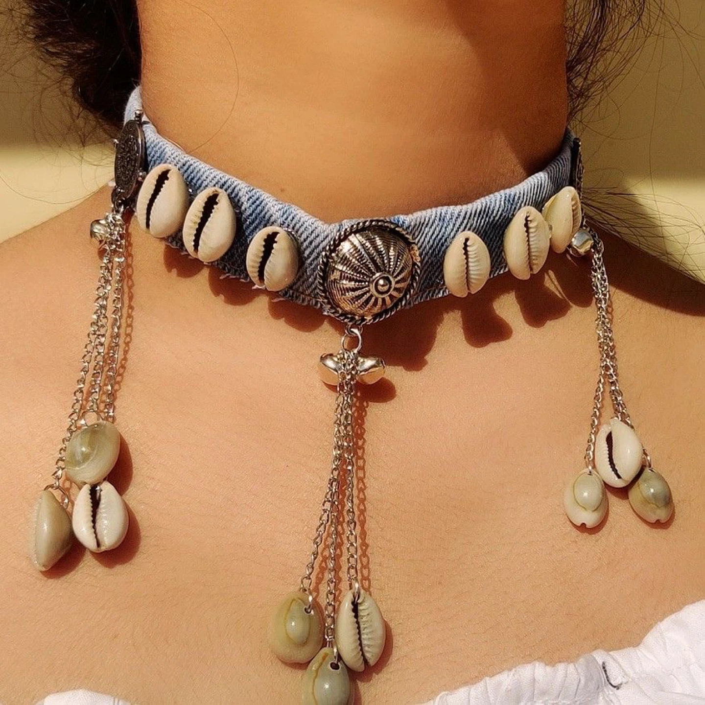 Denim & Seashell Choker Necklace