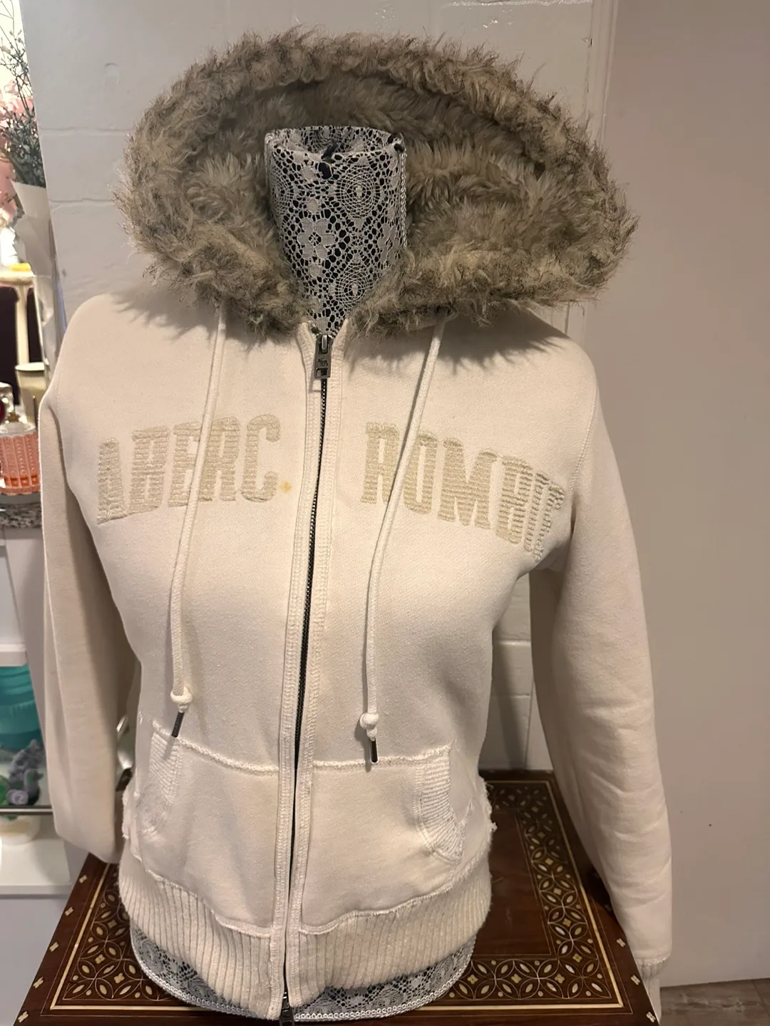 Abercrombie & Fitch Cream Fur Hooded Zip-Up thumbnail