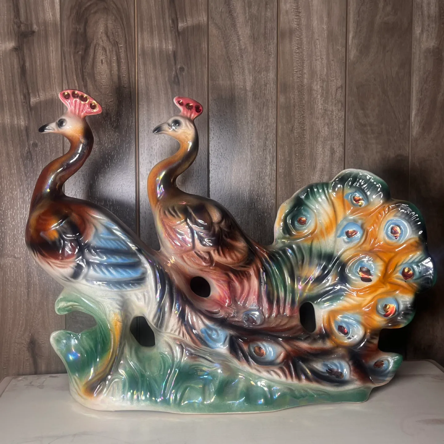 Large Vintage Ceramic Double Peacock Figurine Lustware (1950' thumbnail