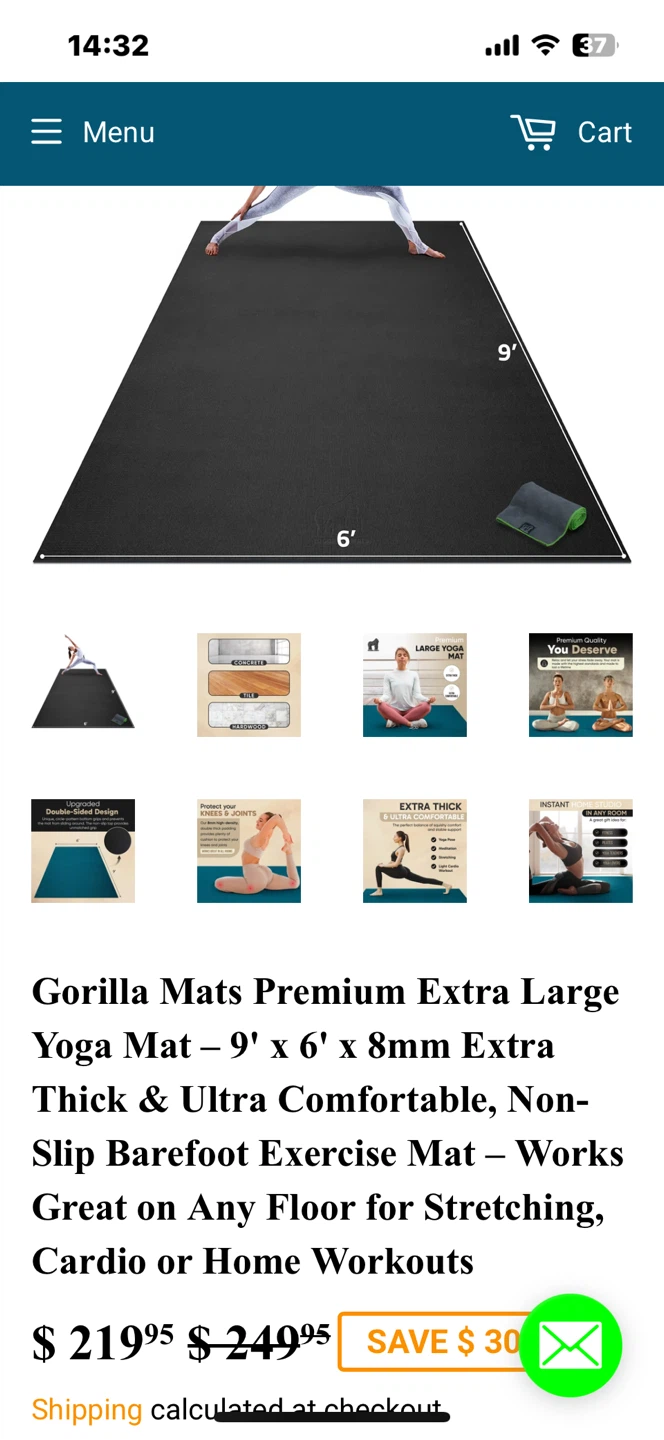 Gorilla Mats Premium Extra Large Yoga Mat - 9' x 6'