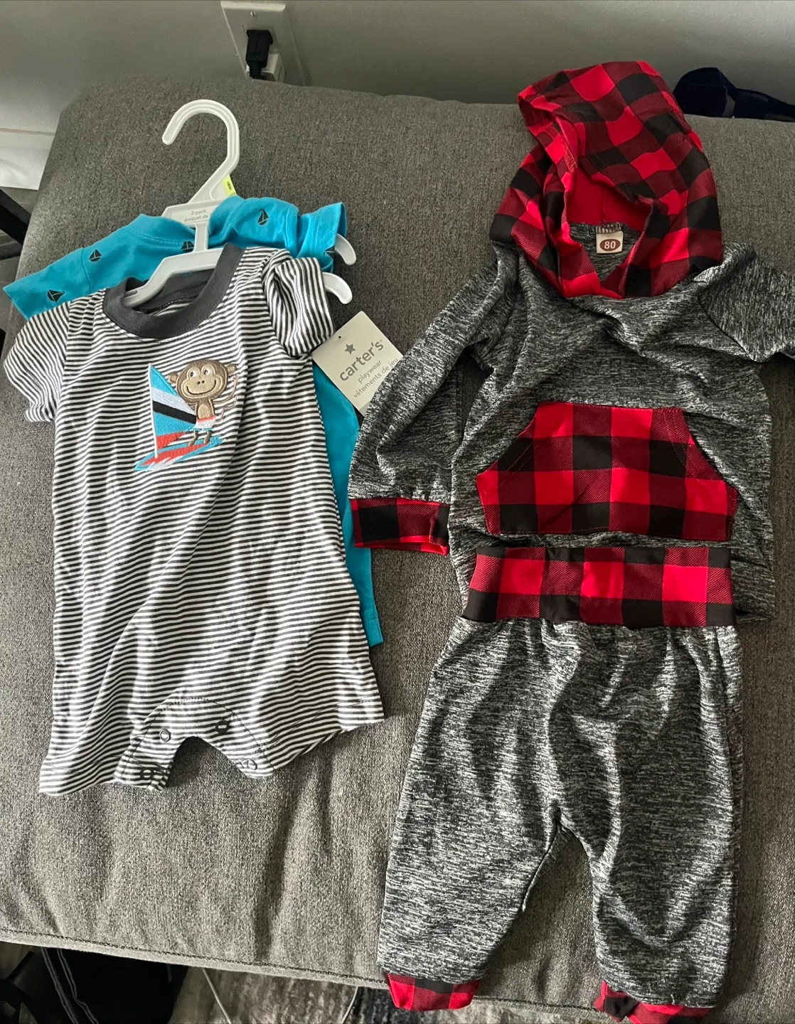 Baby clothes- bodysuits & buffalo plaid hoodie & sweatpants thumbnail