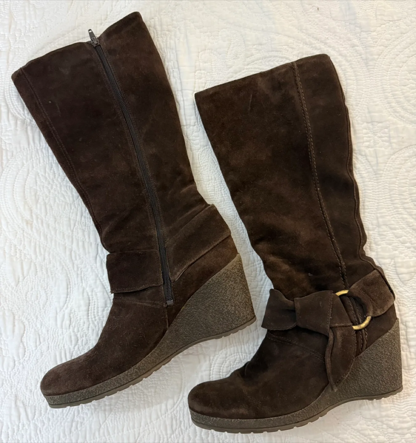 Brown Suede Wedge Knee High Boots thumbnail
