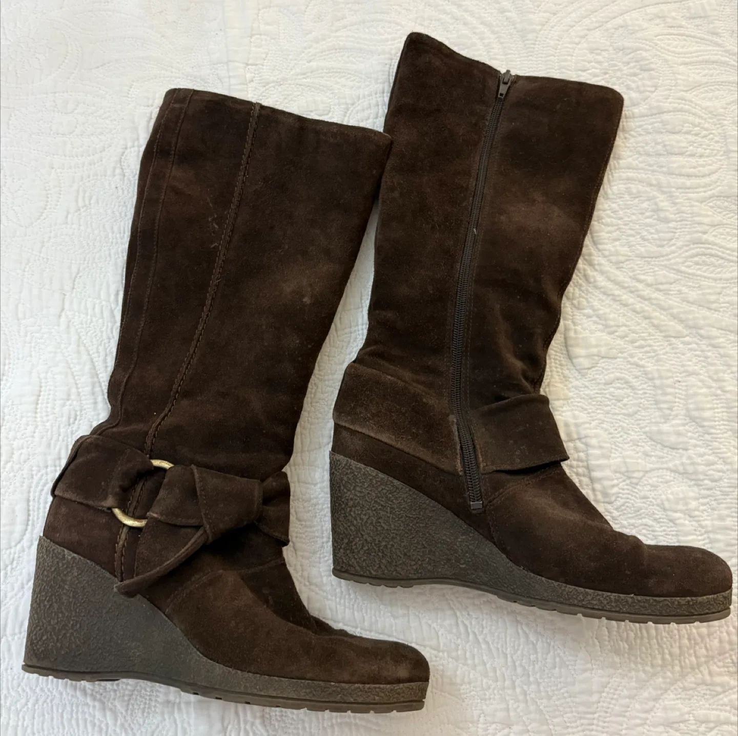 Brown Suede Wedge Knee High Boots image indicator(2)