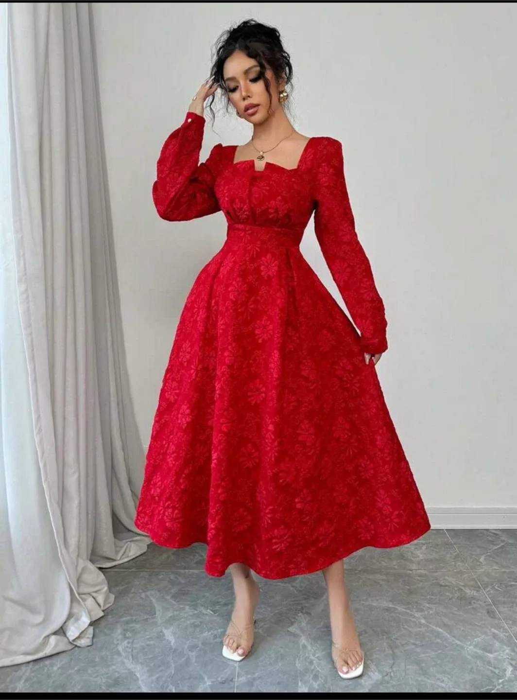 Red Floral Long Sleeve Dress