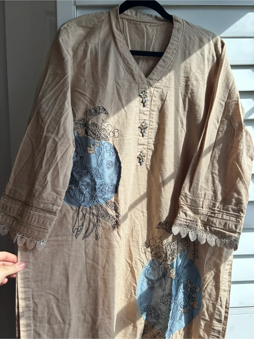 Beige & Blue Floral Embroidered Kurti thumbnail