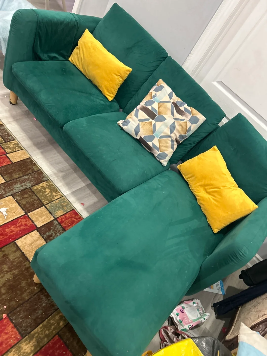 Green Velvet Sofa with Ottoman thumbnail