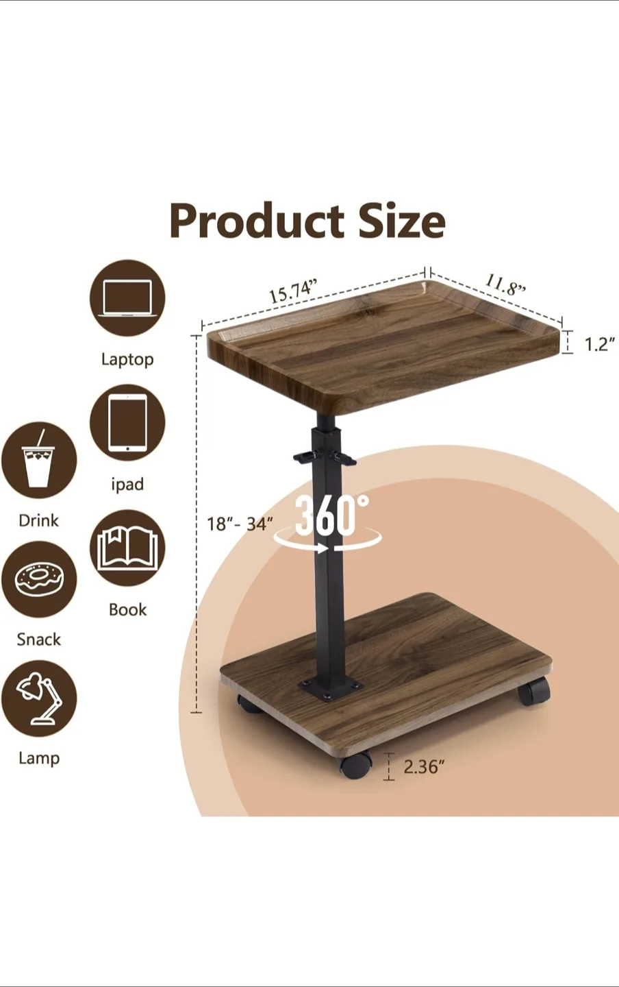 Brand New! 360° Swivel Side Table with Wheels image indicator(2)