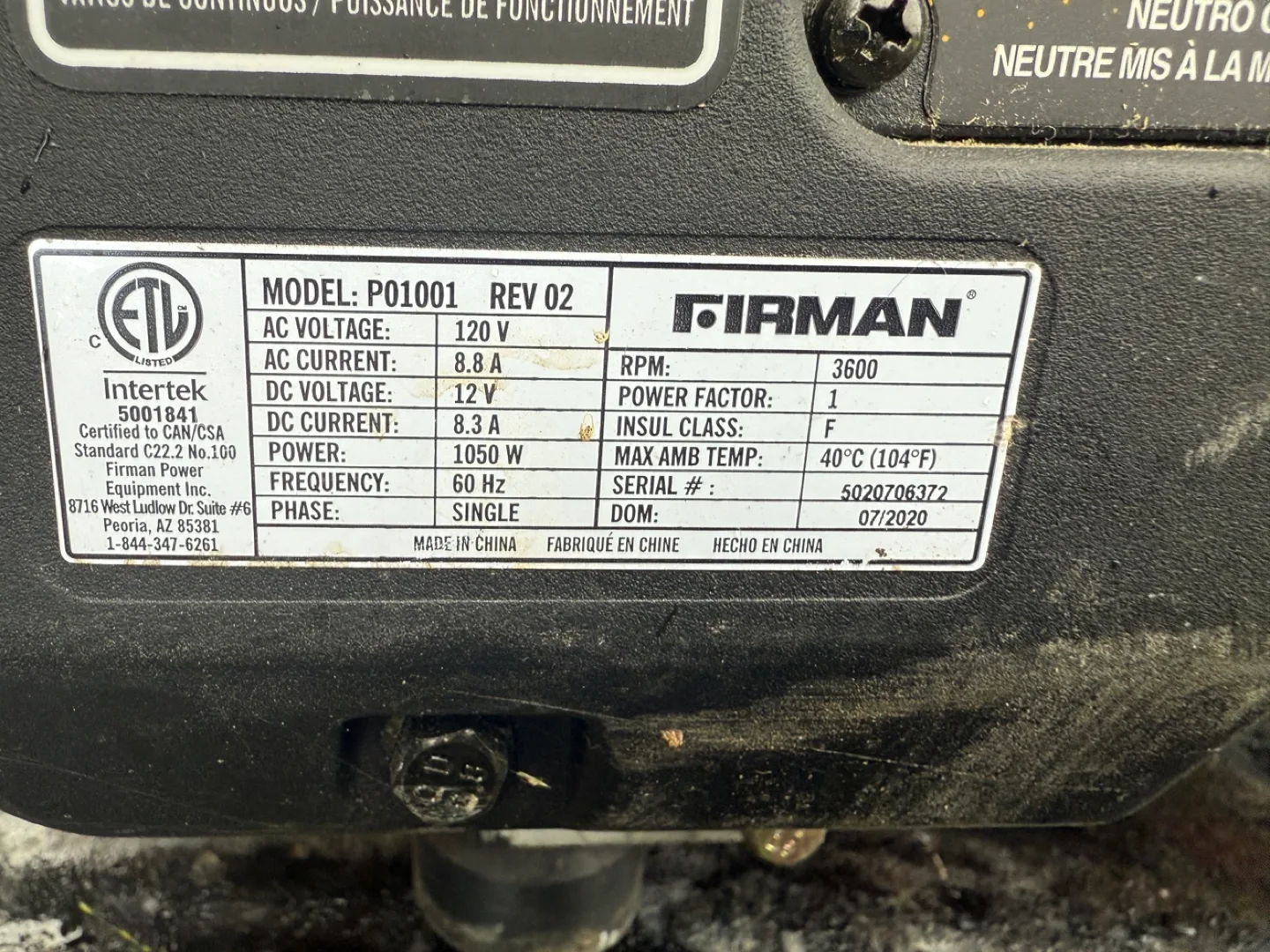 Firman 1050 Running Watts Generator image indicator(3)