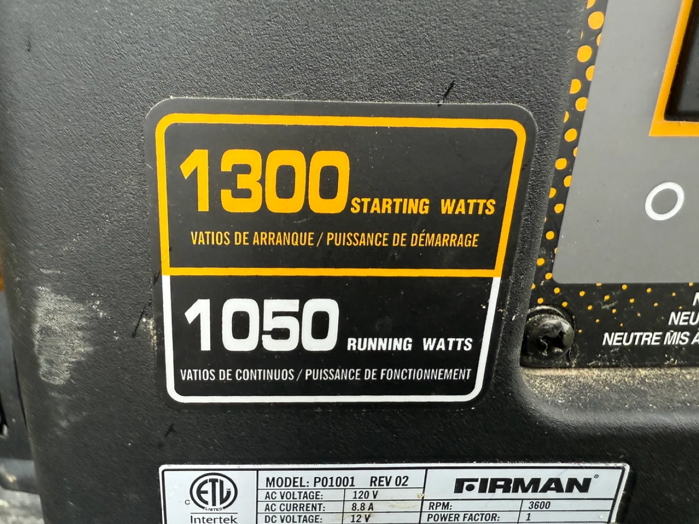 Firman 1050 Running Watts Generator image indicator(2)