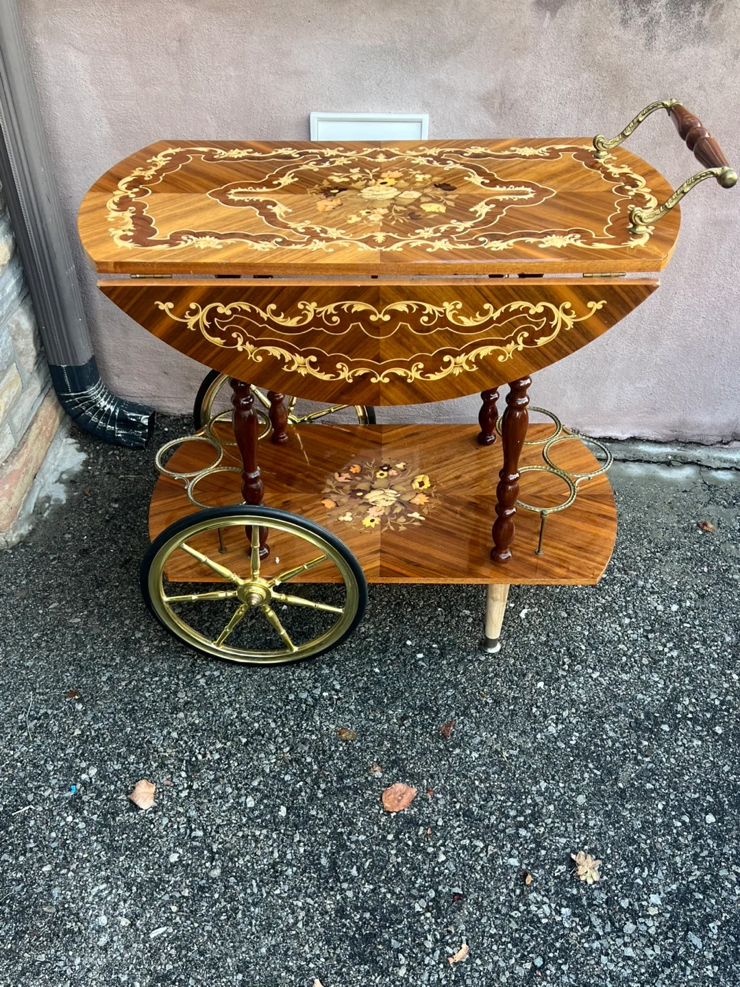 Vintage Inlaid Wood Bar Cart