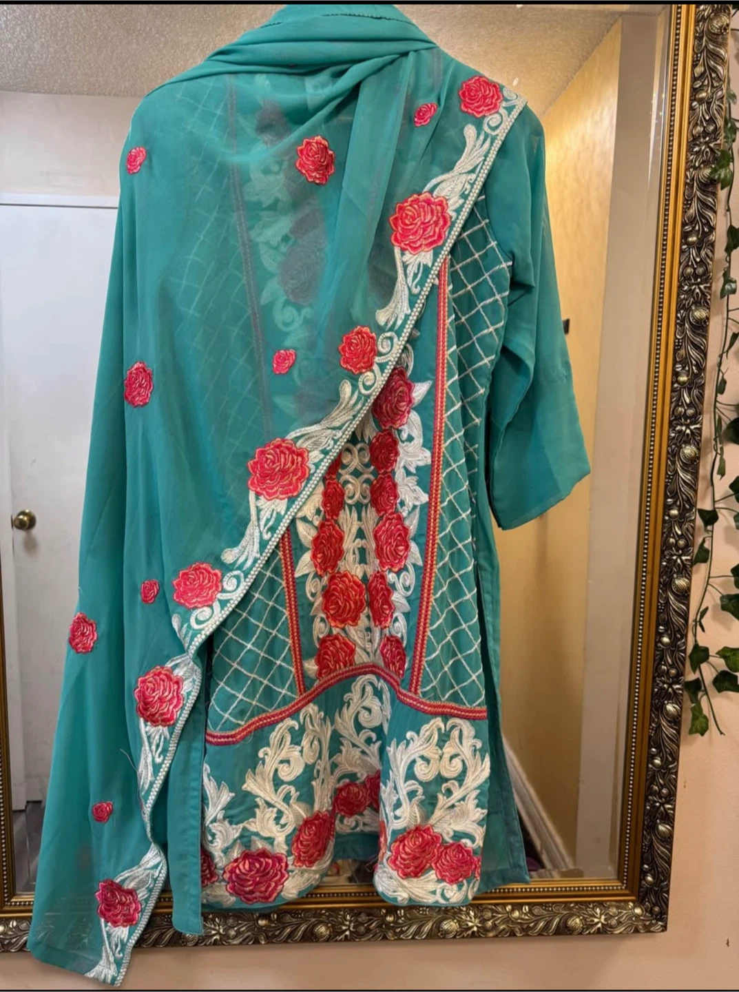 Teal & White Embroidered Shalwar Kameez