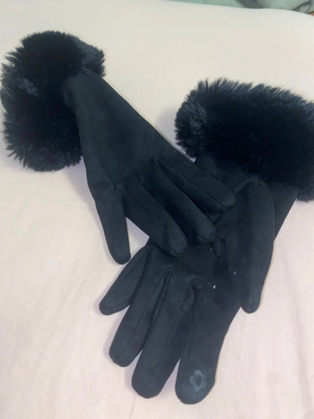 Black Gloves with Faux Fur Trim/ USE with phone thumbnail