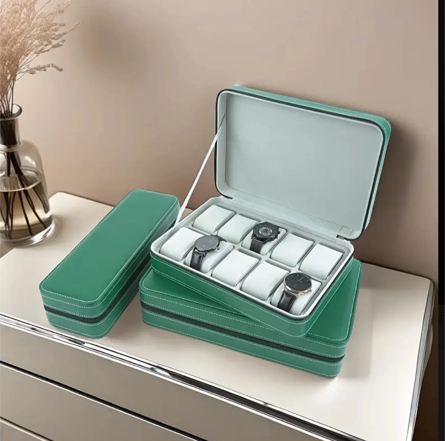 Green Leather 10-Slot Watch Storage Case image indicator(2)