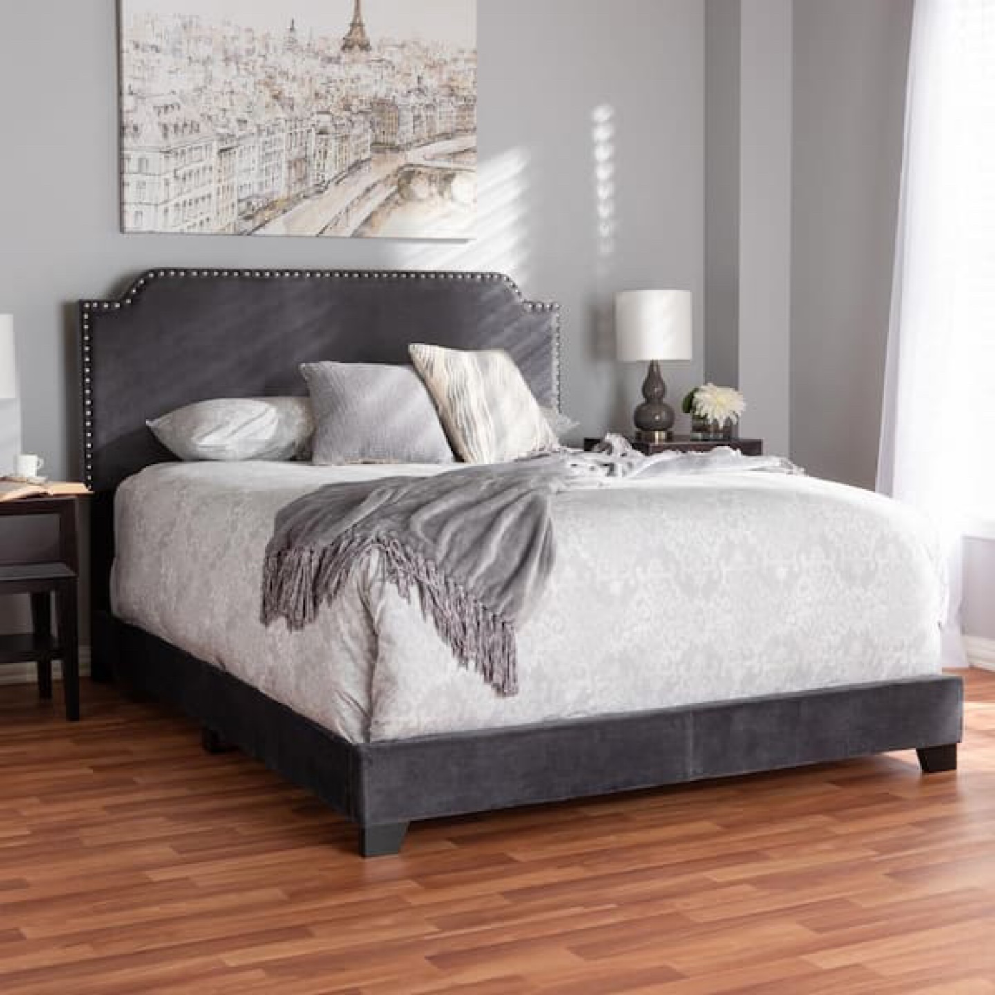 New King Size Dark Grey Upholstered Bed with Nailhead Trim - photo 4