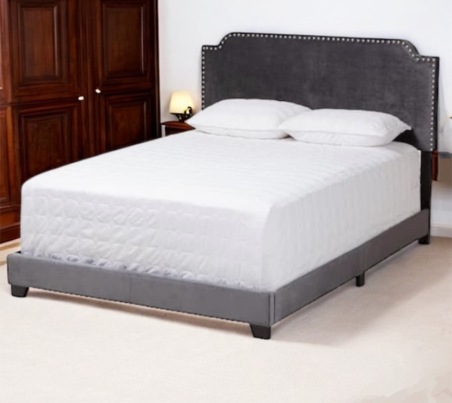 New King Size Dark Grey Upholstered Bed with Nailhead Trim