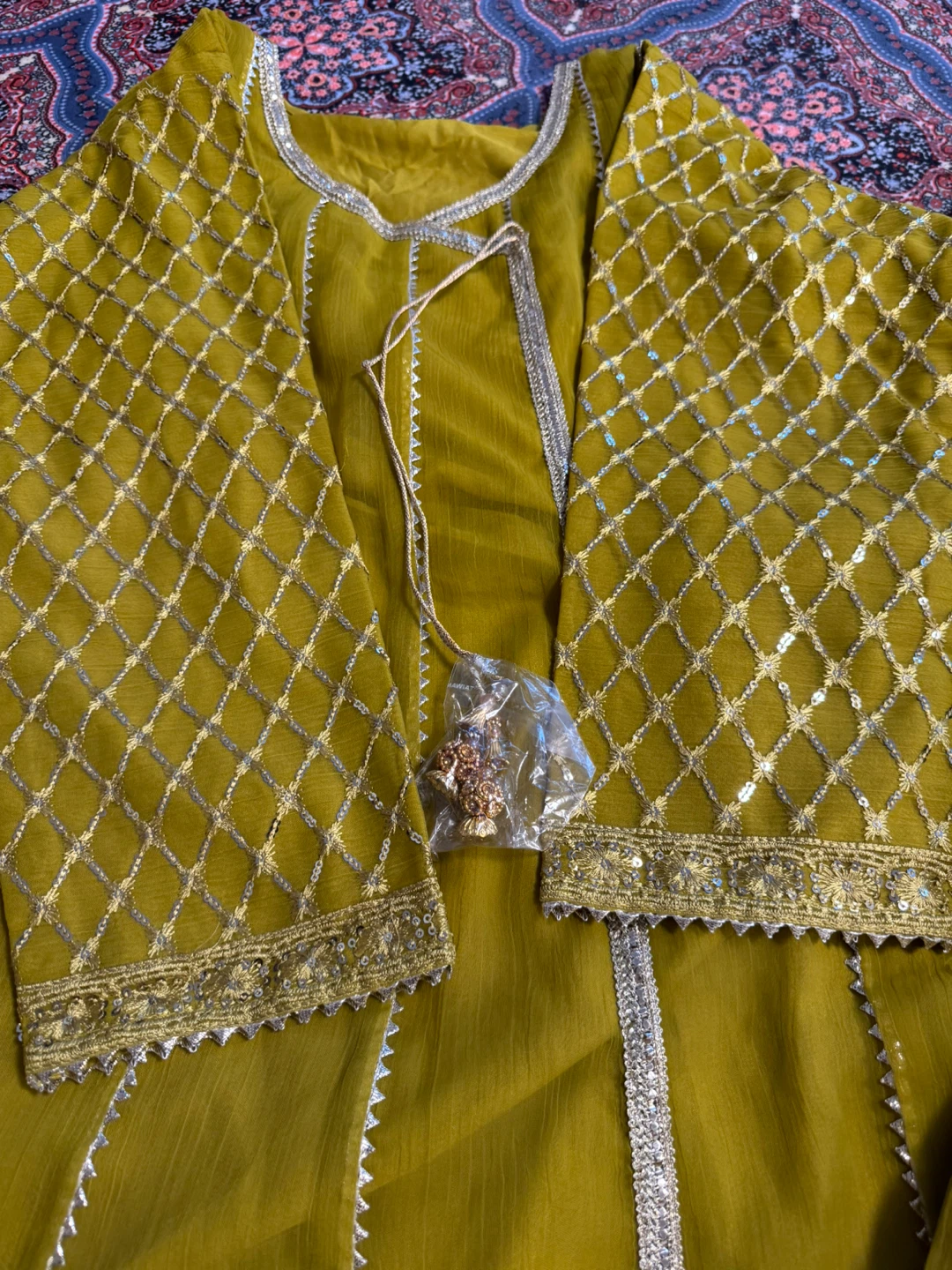 Olive Green Embroidered 3-Piece Suit - Size Medium - photo 2
