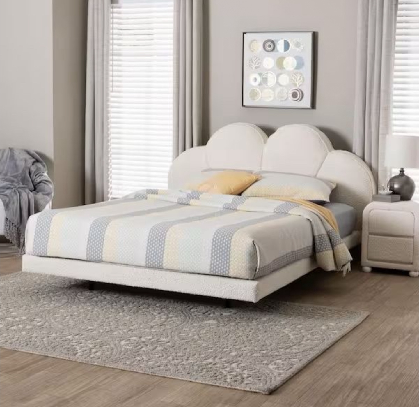 New Scalloped Boucle Floating Queen Size Platform Bed