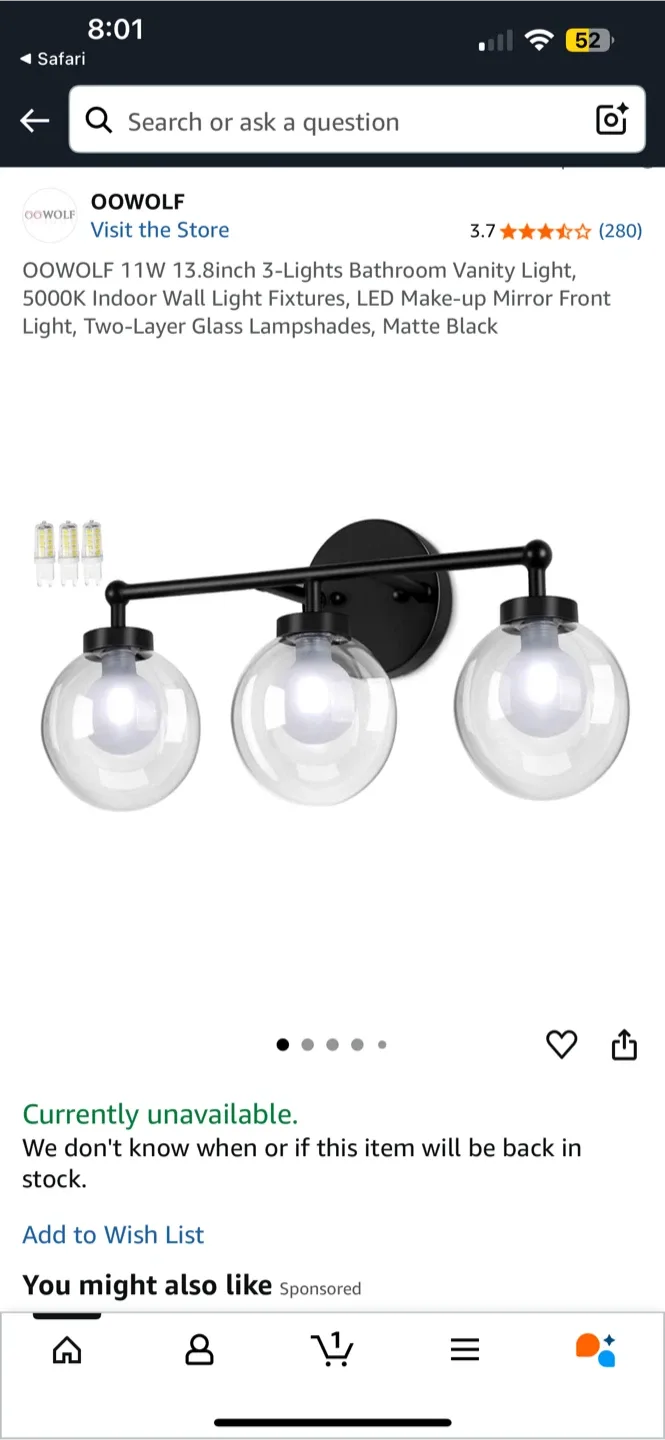 BNIB OOWOLF 3-Light Bathroom Vanity Light - Matte Black thumbnail