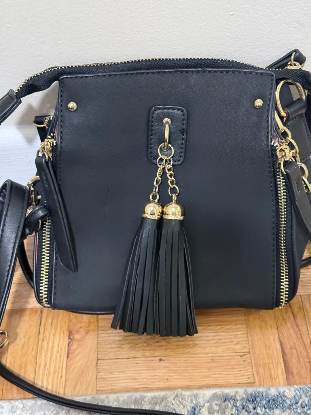 Black Handbag with Gold Chain Detail