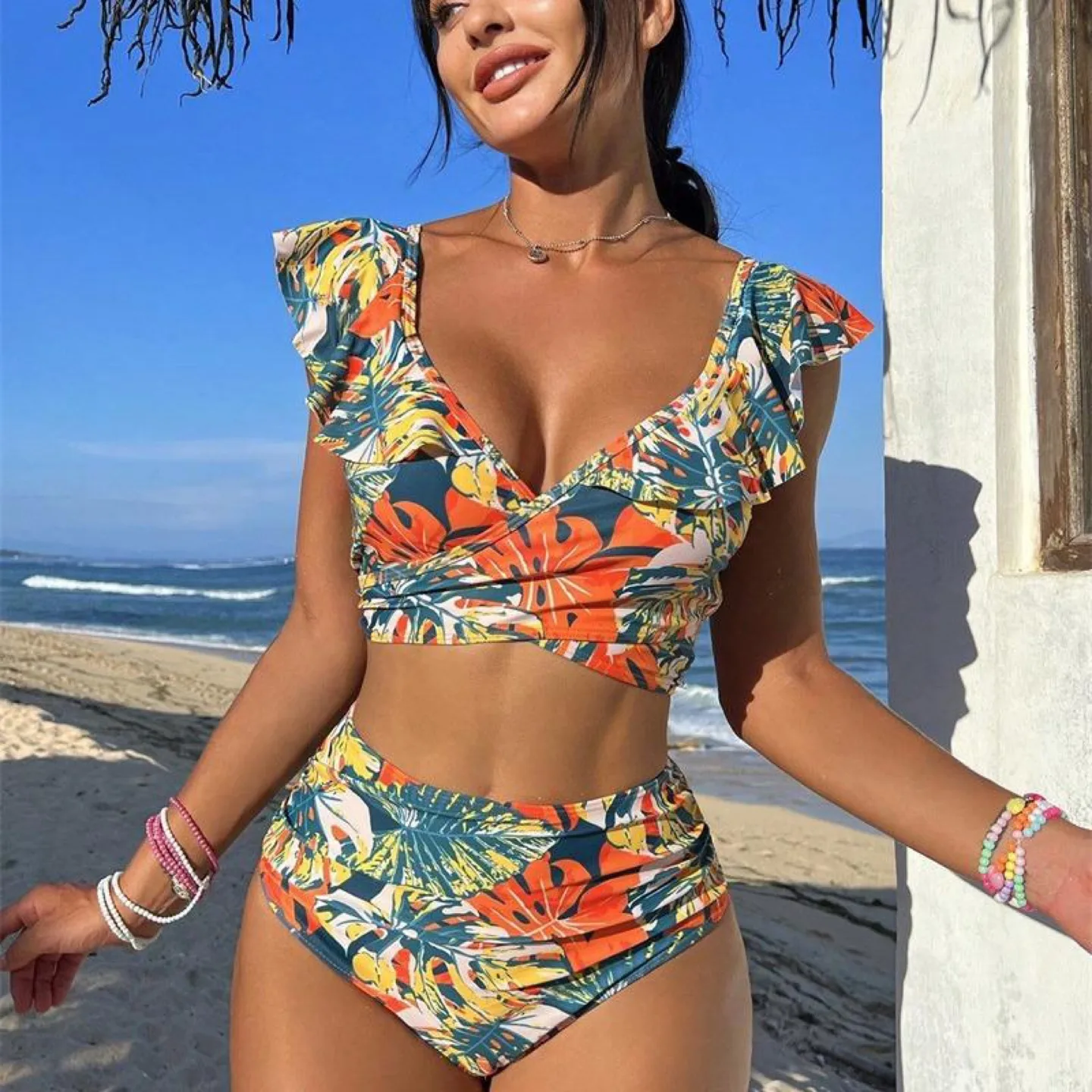 New Women Retro Print Push Up High Waist Bikini Set thumbnail