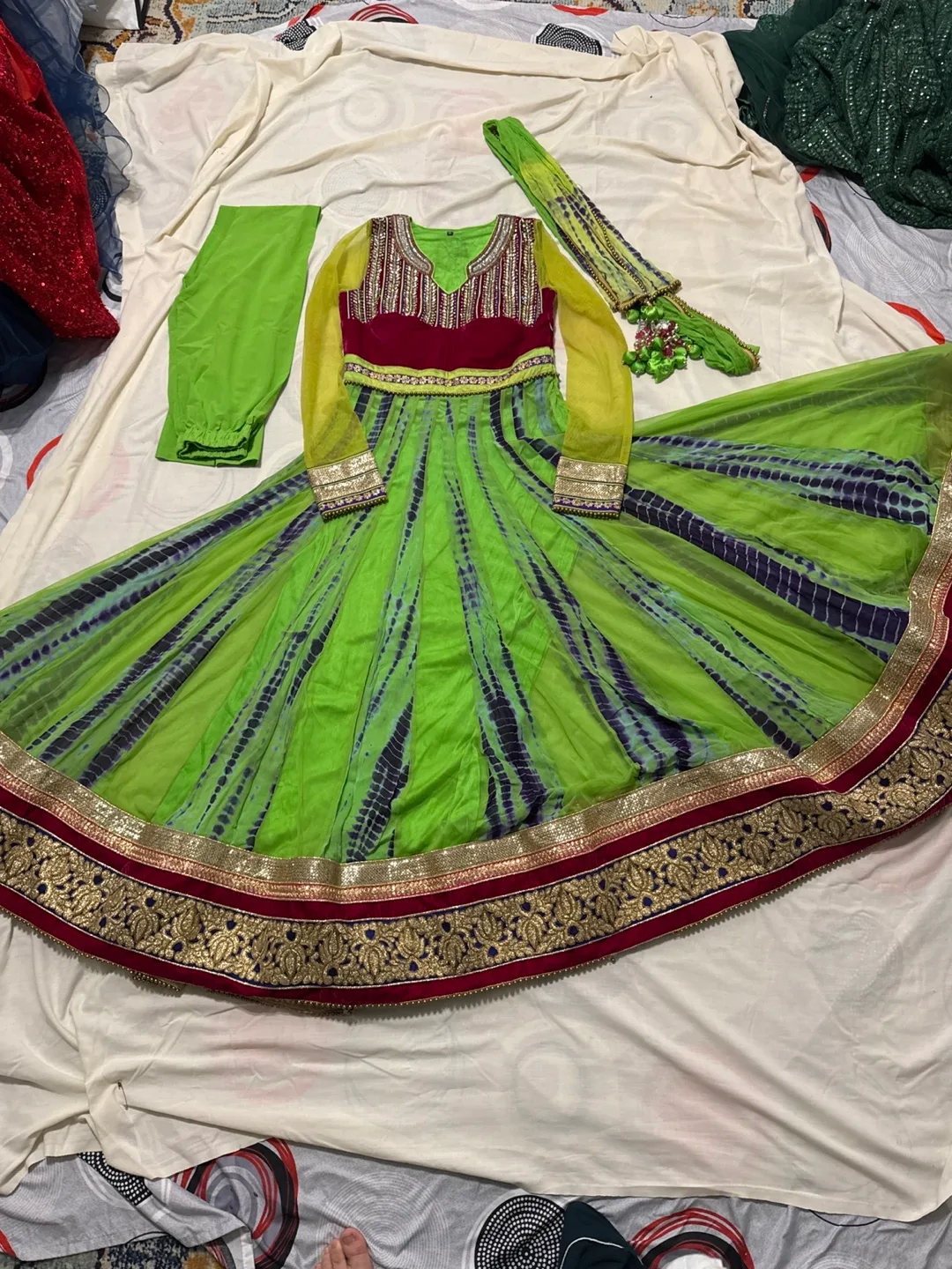 Green Anarkali Dress with Dupatta & Pants thumbnail