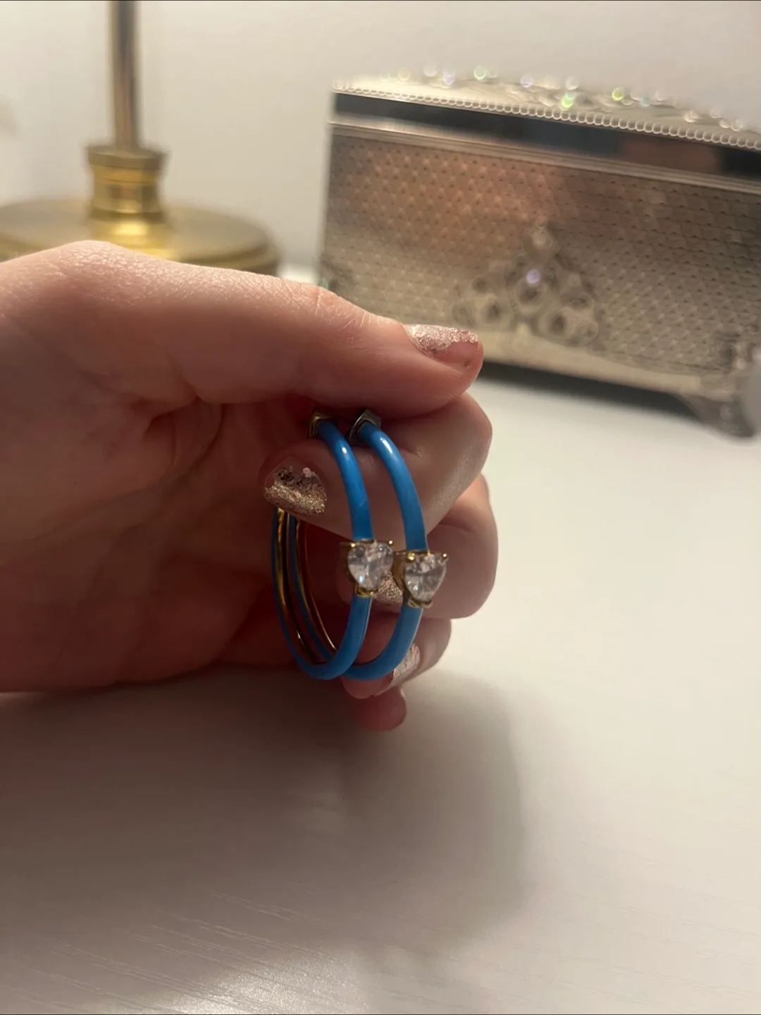 Gold/Blue hoops with rhinestone hearts thumbnail