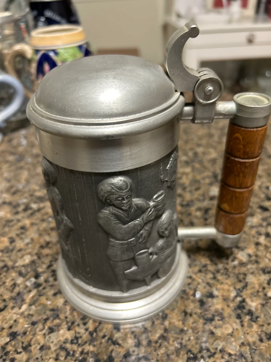 Vintage Pewter Beer Stein with Wood Handle