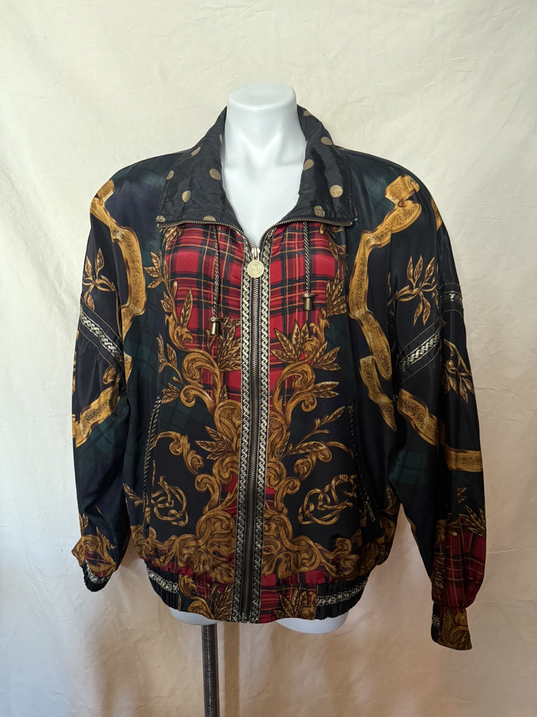 Vintage Plaid & Baroque Print Bomber Jacket