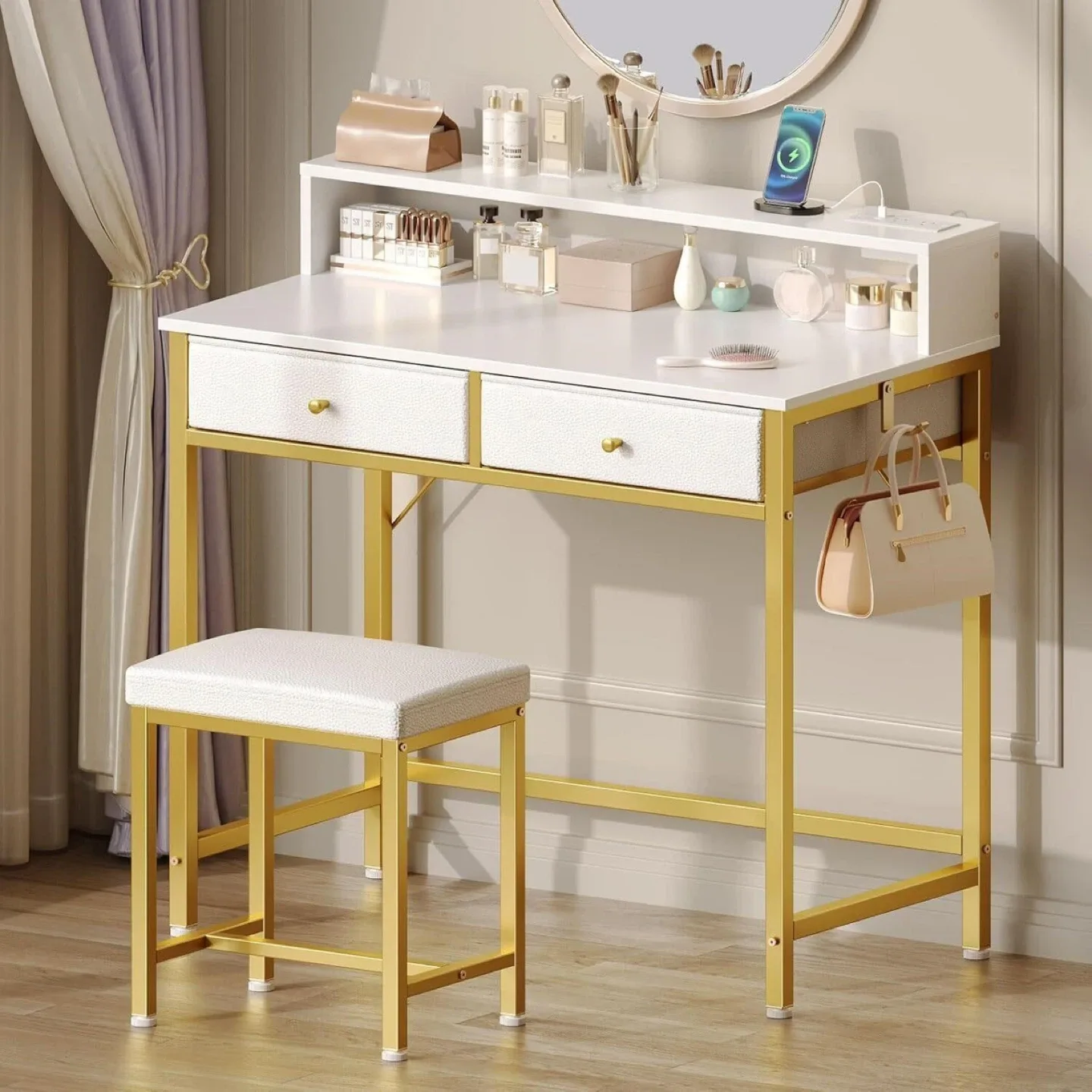 Vanity Makeup Table Desk with Stool - White & Gold thumbnail
