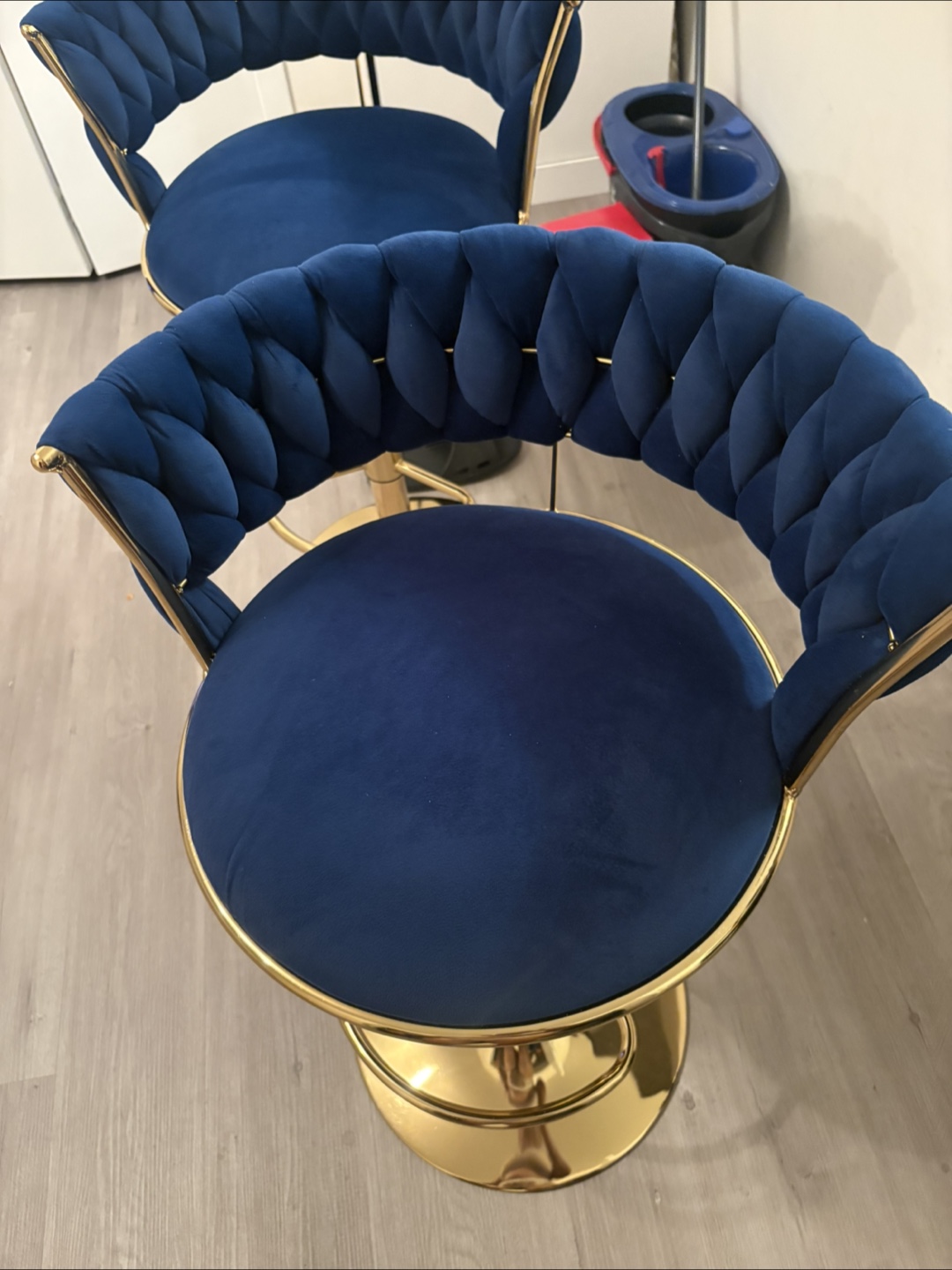 Blue Velvet & Gold Bar Stools (Set of 2)