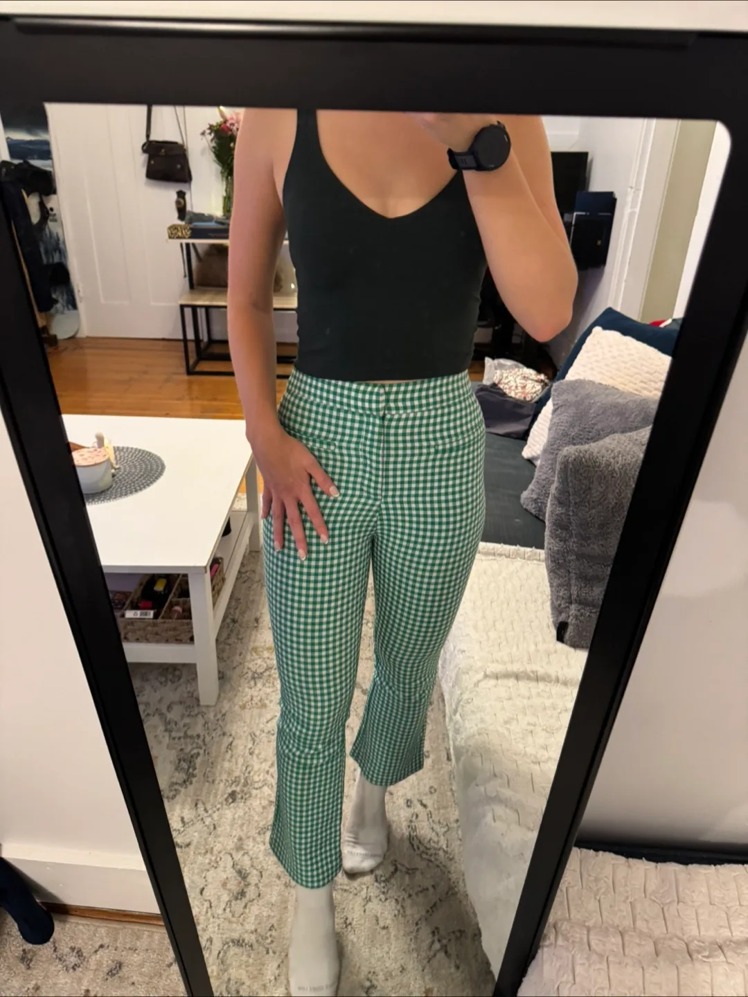 Zara Green Gingham Cropped Pants thumbnail