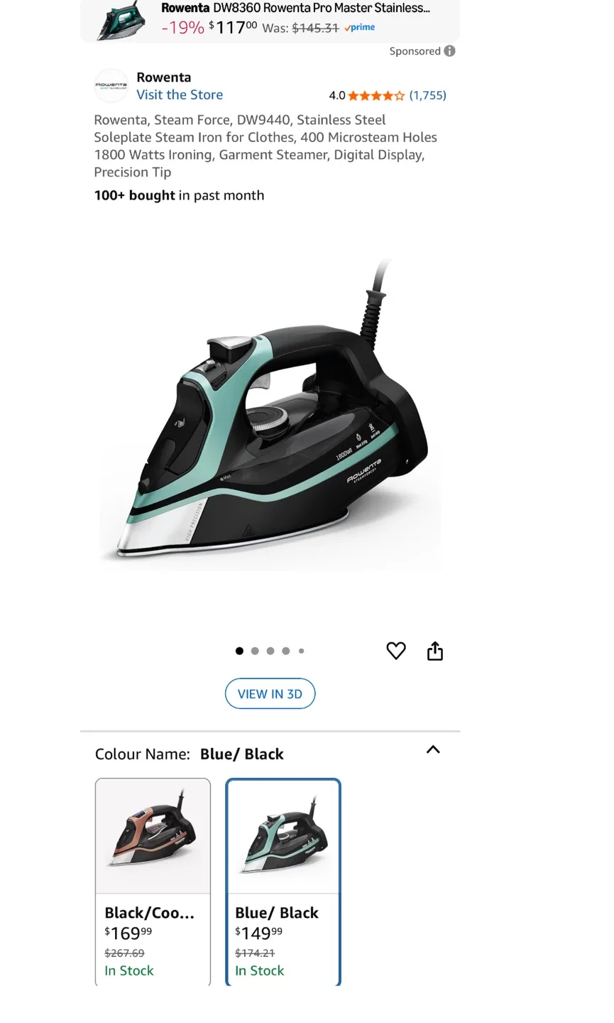 Open Box Rowenta SteamForce+ Iron DW9440U1 - Blue/Black image indicator(4)