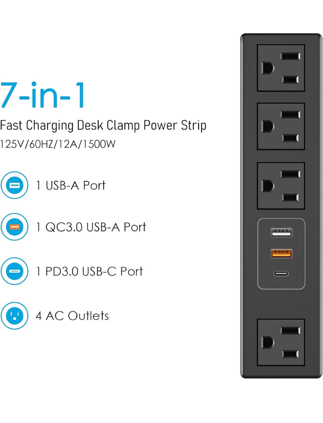 7-in-1 Fast Charging Desk Clamp Power Strip - photo 2