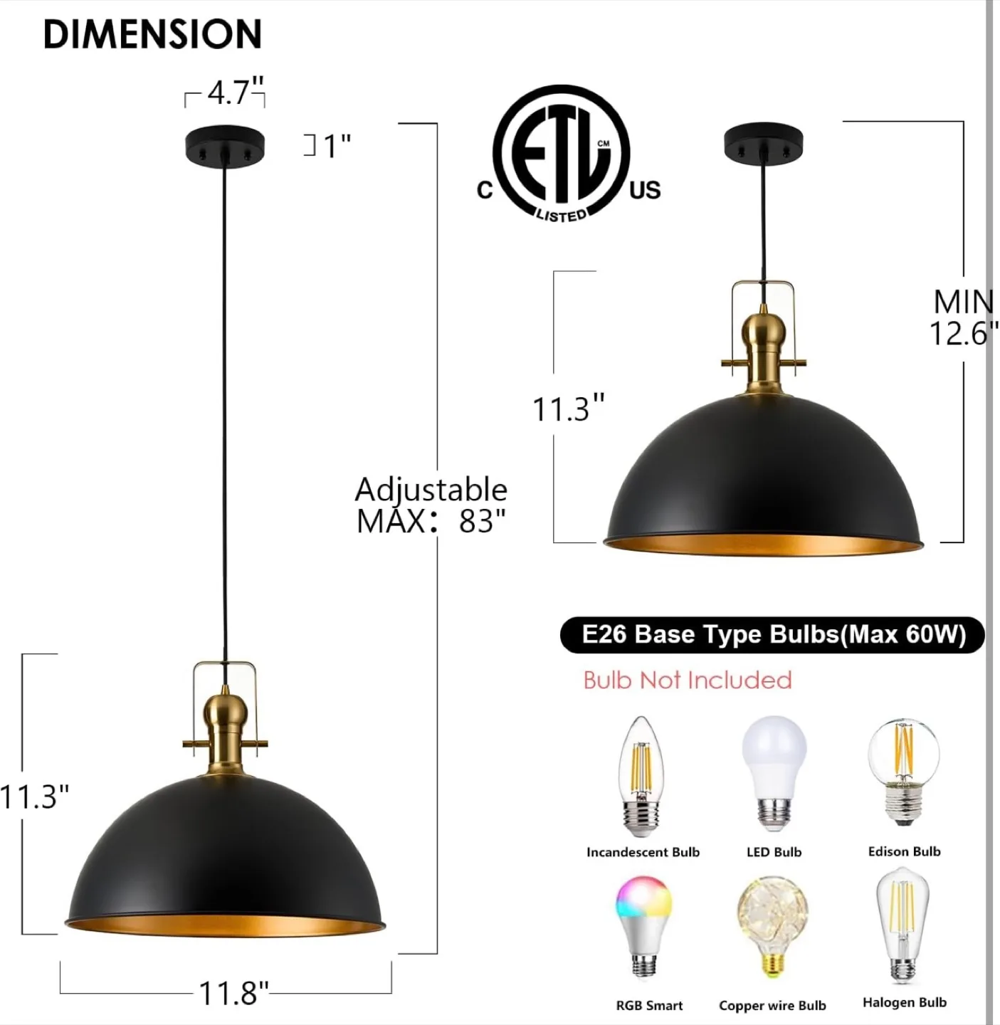 Matte Black & Gold Pendant Light image indicator(2)