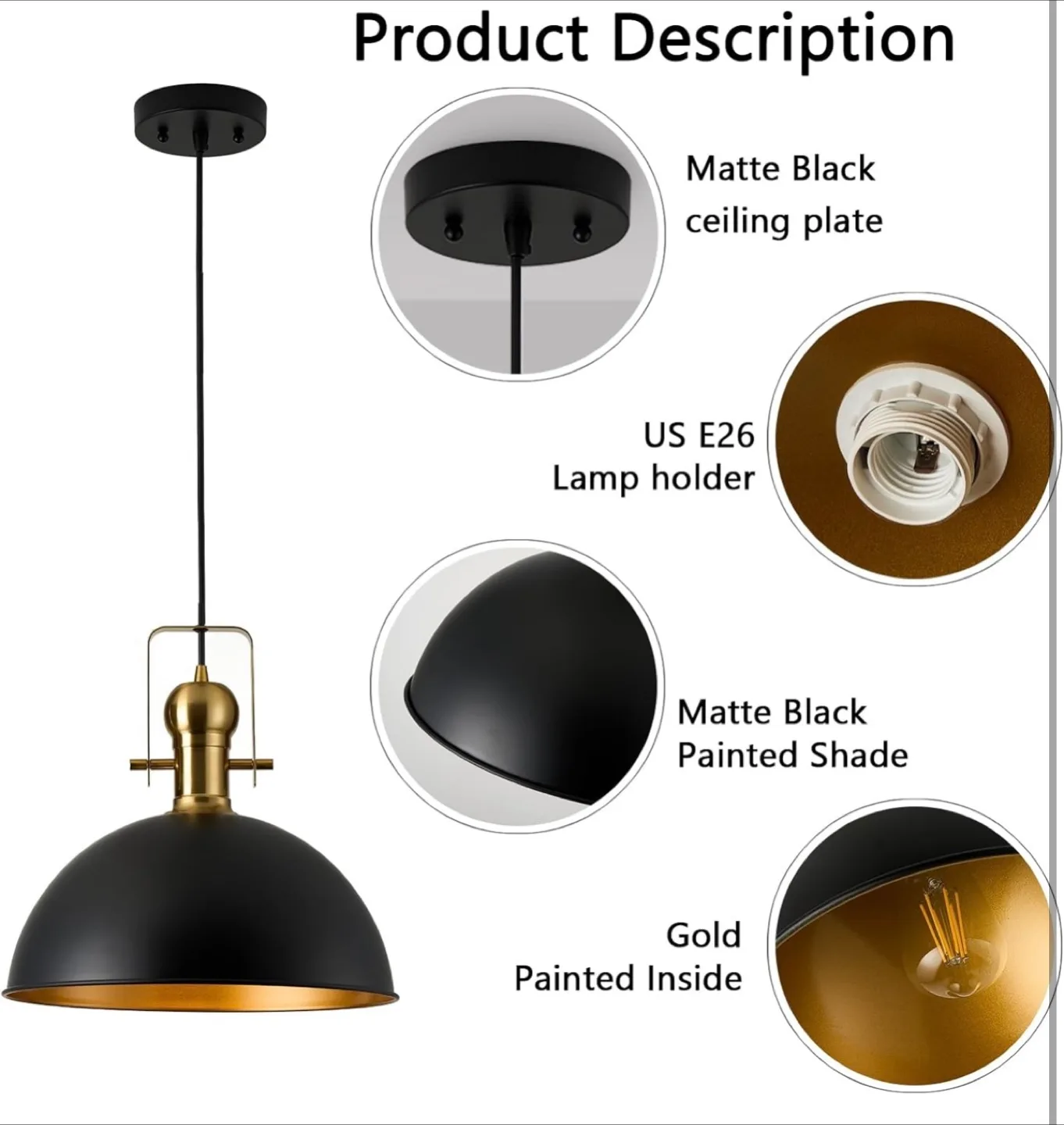 Matte Black & Gold Pendant Light image indicator(5)