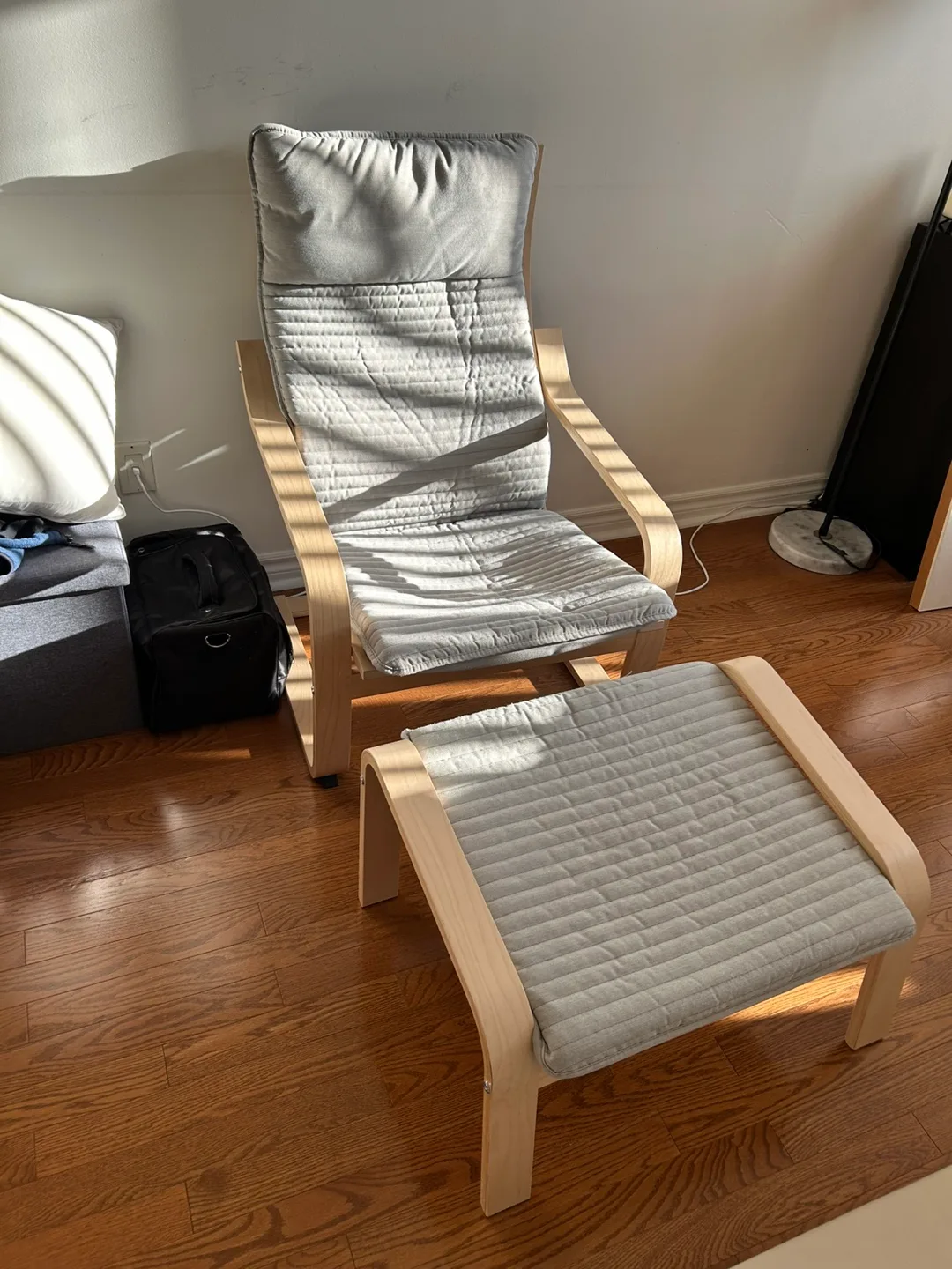 IKEA Poang Chair and Footstool - Light Grey