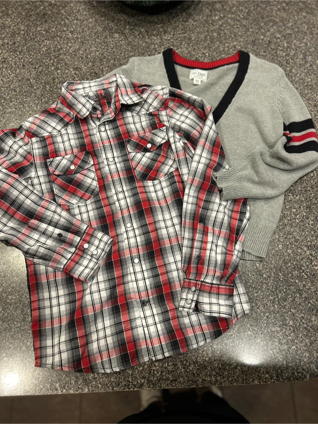 Boys Plaid Shirt & Gray Cardigan Set thumbnail