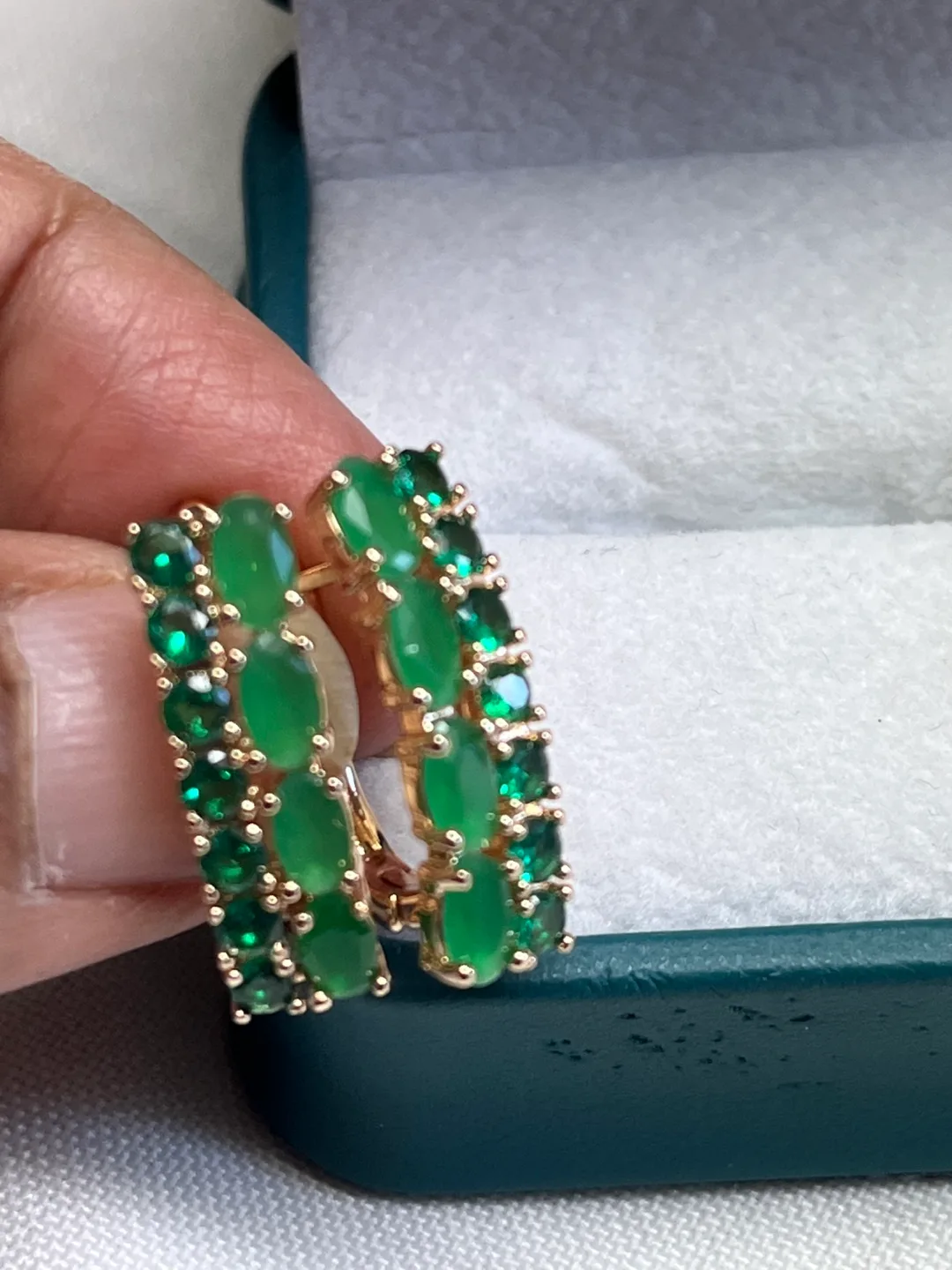 14k stimulated jade oval stone earrings thumbnail