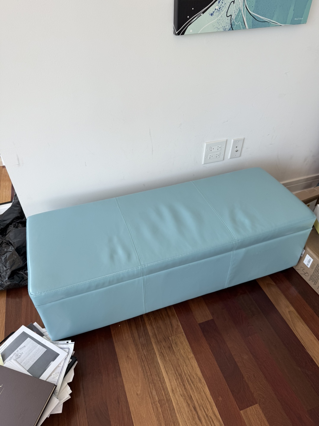 Two blue storage ottomans