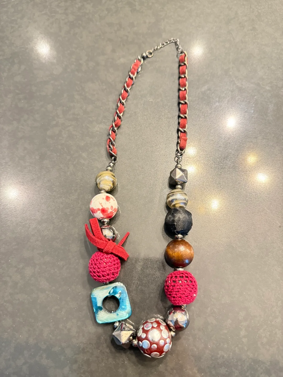 Beaded Statement Necklace - Red & Silver thumbnail