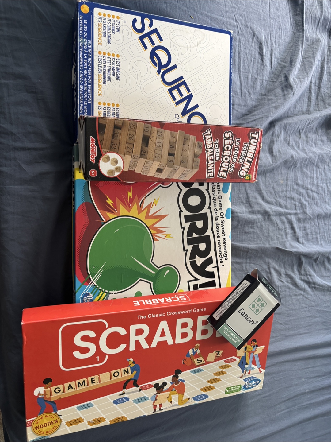 Board Games: Sequence, Tumbling Tower, Sorry!, Scrabble +