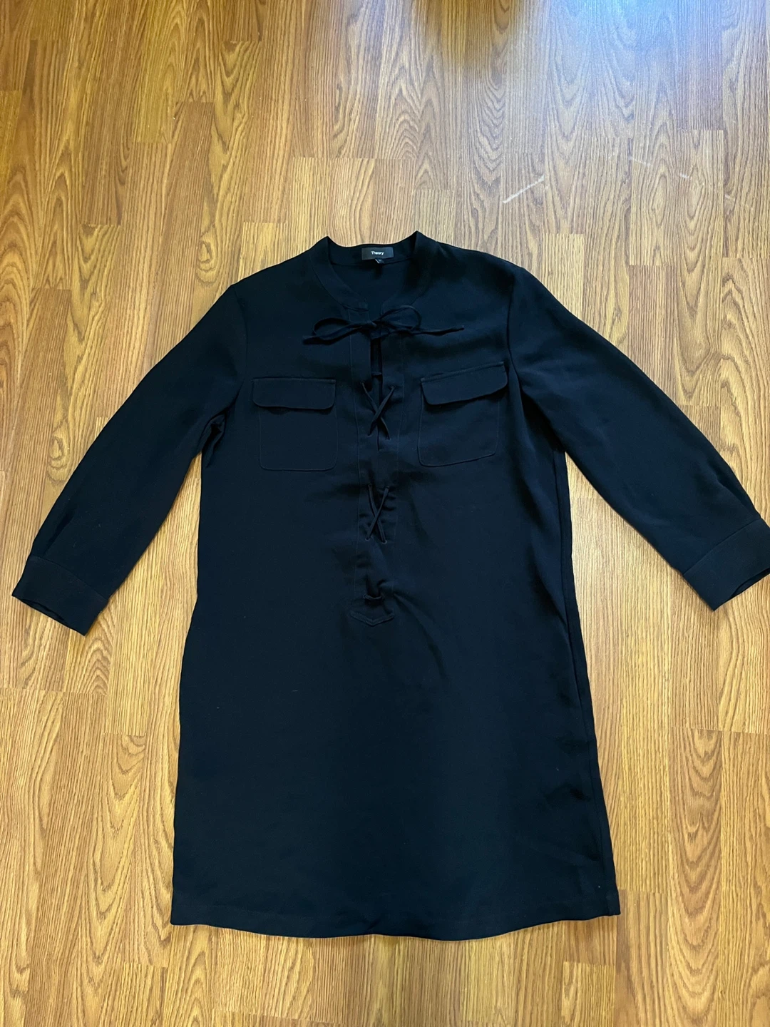 Theory women’s 12 mini shirt dress, long sleeve lace up, black