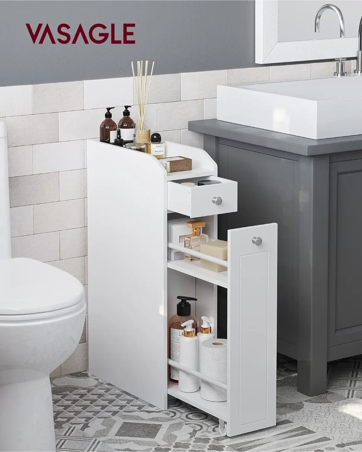 White Bathroom Slim Storage Cabinet thumbnail